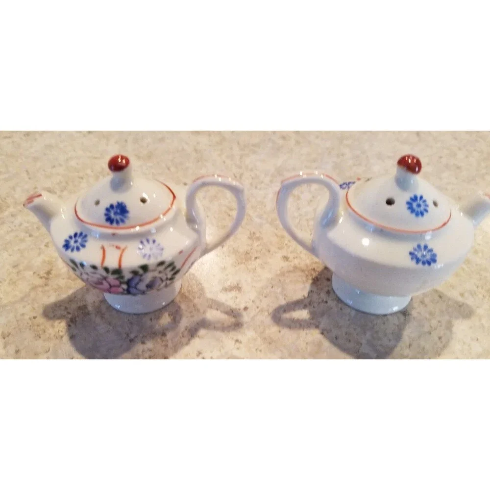 Vtg Teapot Salt and Pepper Shakers Blue & Pink Flowers floral Japan porcelain